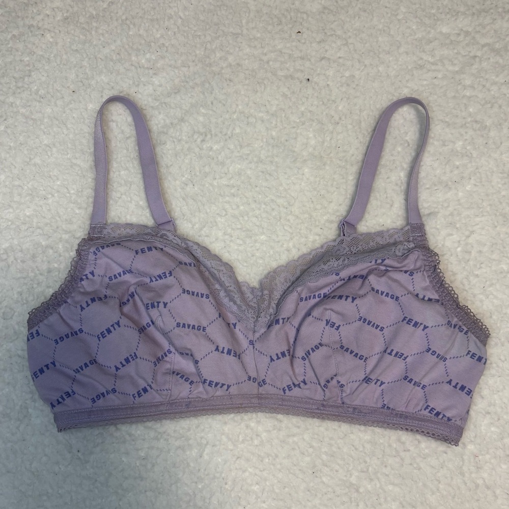 Savage X Fenty Purple Cotton Essentials Lace Trim Bralette All over logo print